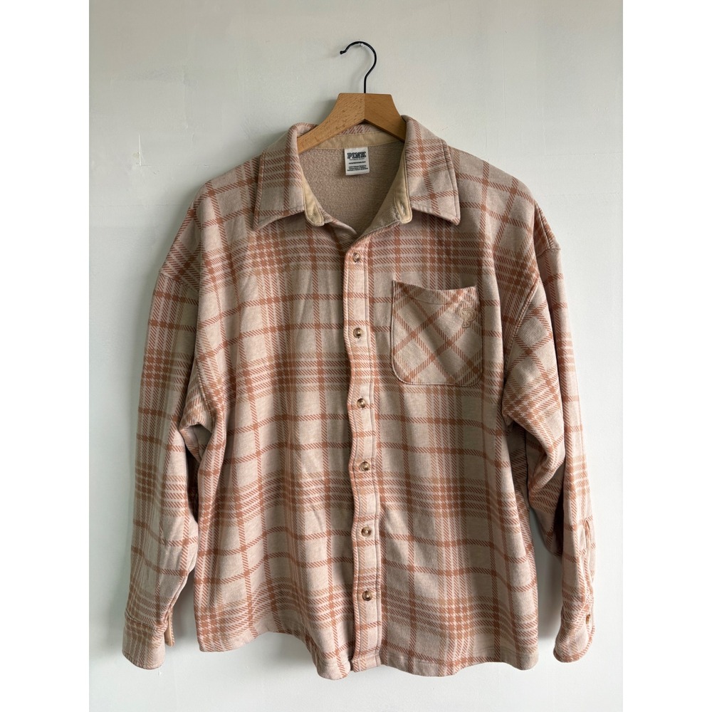 Pink Victoria's Secret Plaid Fleece Button Down Shirt Tan Orange Women's XS